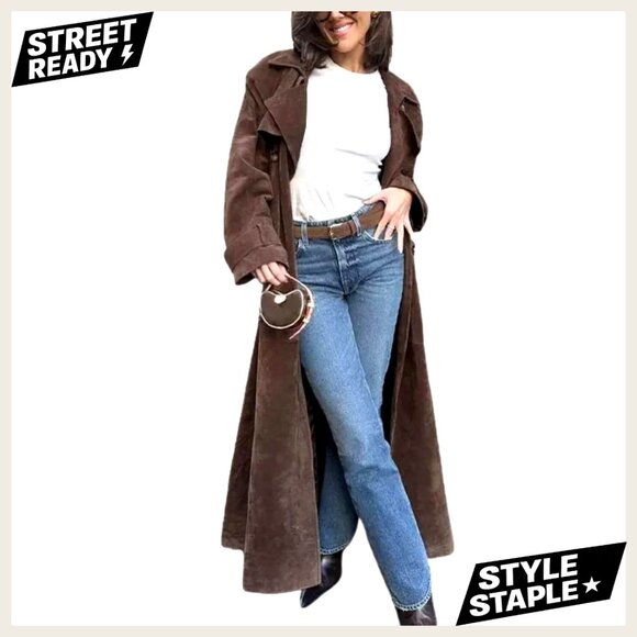 Faux Suede Long Trench Coat Double Breasted Pea Coat with Belt